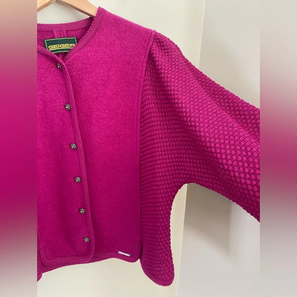 SOLD Vintage Geiger Wool Knit Cardigan Puffy Shoulder Alpine Folk Jacket M - Picture 5 of 13